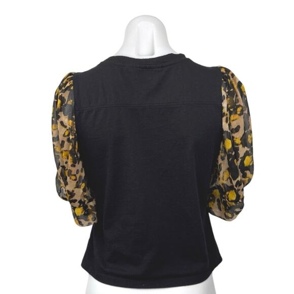 DKNY Women's Black Leopard Animal Print Crew Neck 3/4 Sleeve Blouse Top Size S - Picture 2 of 5